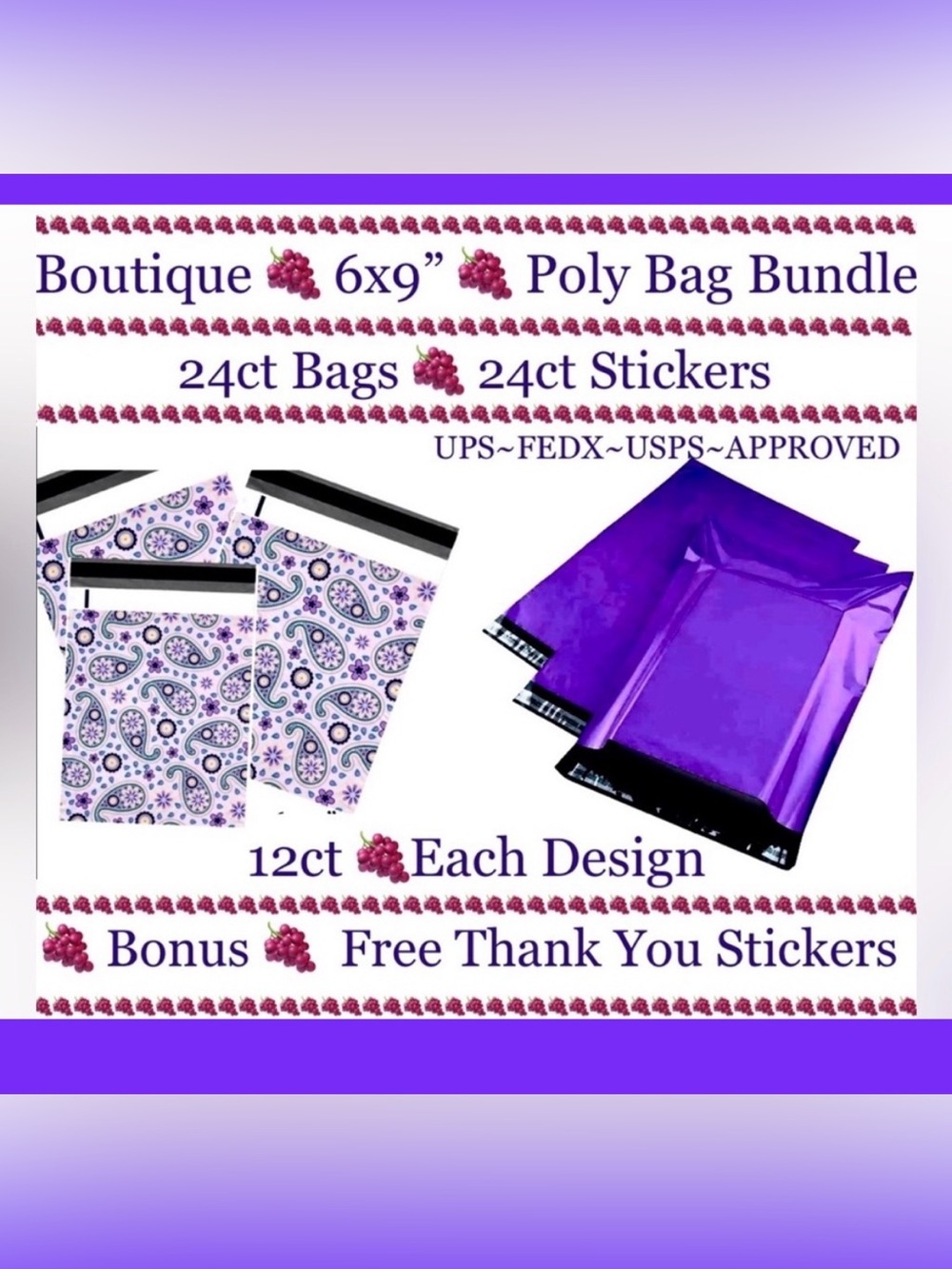 24ct~ 6x9” ~ Poly Mailer Bags 🍇🆕🍇
2~Designs 🍇 24ct Free Thank You Stickers